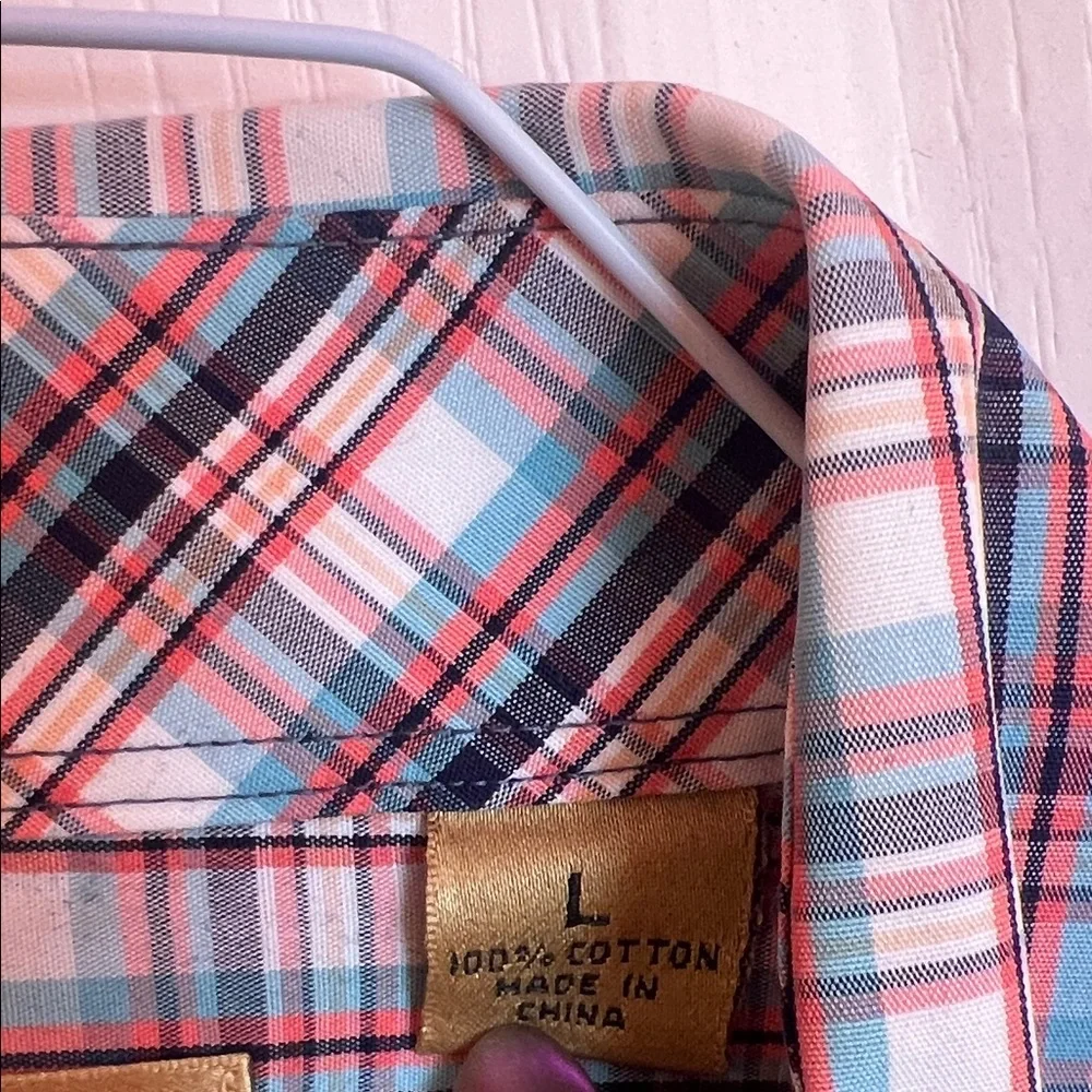 Roundtree & Yorke Red, Teal& White Plaid Button-Down Shirt short sleeved - Picture 3 of 8